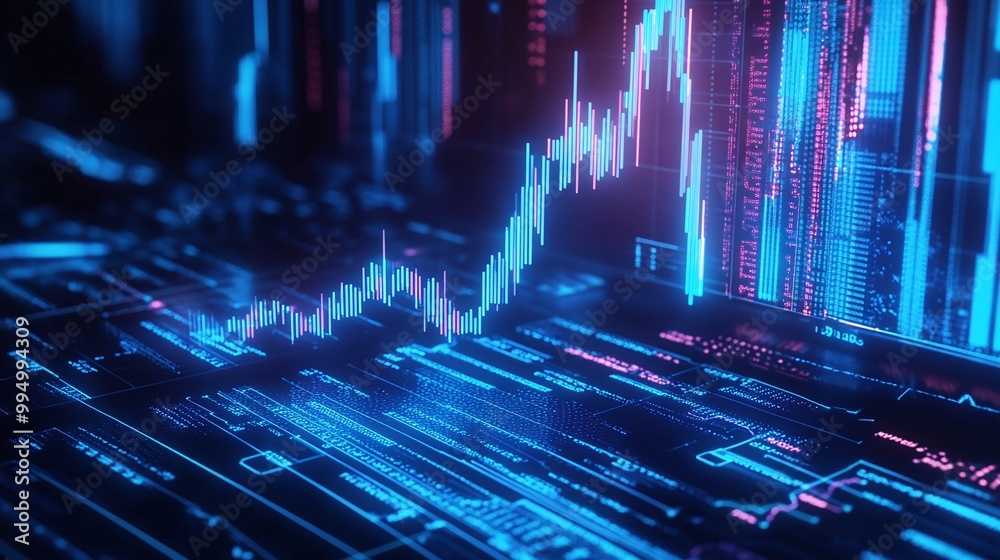 Poster abstract data visualization with glowing lines and graphs on a digital interface.