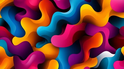 Vibrant seamless pattern featuring abstract shapes in various shades of blue, orange, pink, purple, and yellow, representing fluidity, movement, and energy.