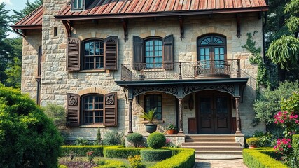 Vintage stone mansion features intricately carved wooden shutters, ornate wrought iron porch, and a rustic metal roof, set amidst beautifully manicured gardens with lush greenery and flowers.