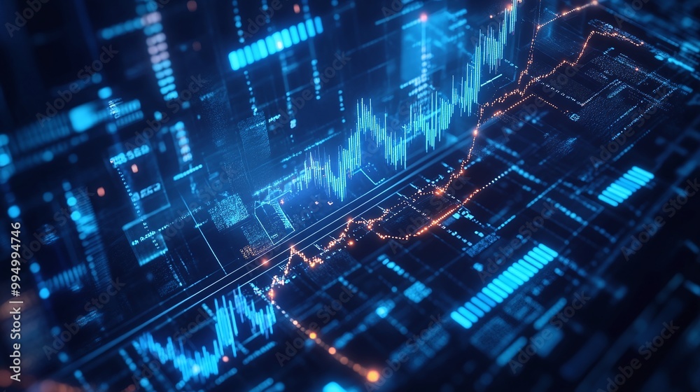 Poster abstract data visualization with graphs and charts representing financial statistics and trends in b