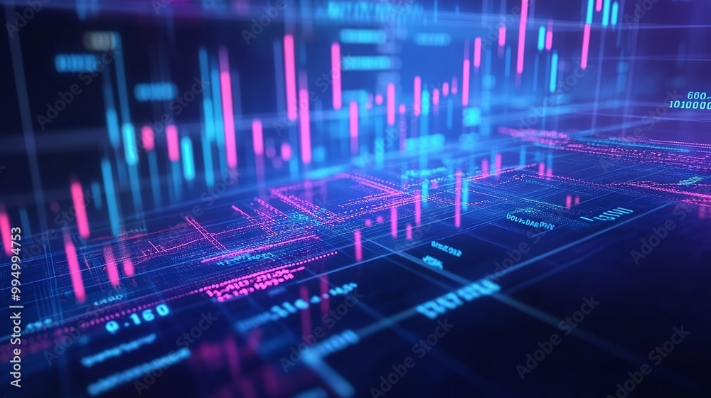 Poster abstract data visualization with vibrant blue and pink blockchain graphs on a dark background.
