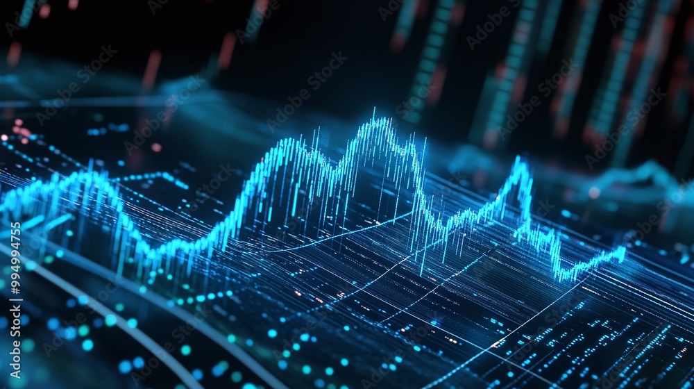 Poster abstract data visualization with illuminated graph lines on a dark background highlighting informati