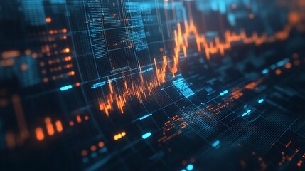 Abstract data visualization with vibrant blue and orange lines, representing dynamic graphs and analytics on a digital interface.
