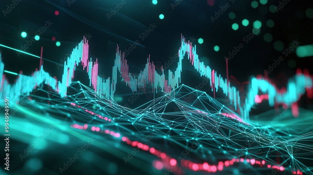 Poster abstract data visualization with vibrant colors, showcasing dynamic analytics and graphs on a futuri