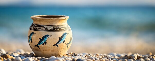 Ancient jar with Greek dolphin motifs, resting on a pebbled shore
