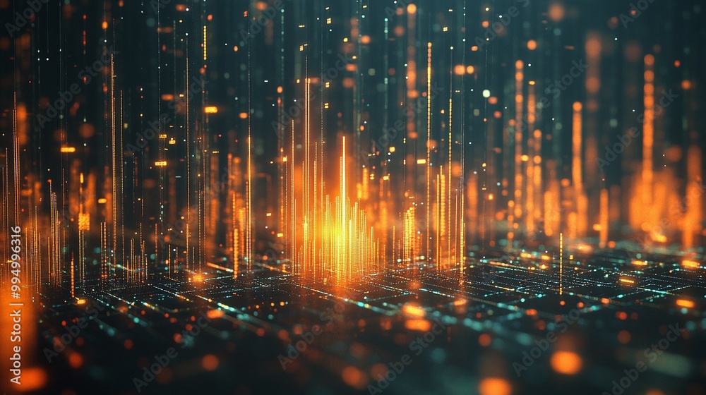 Poster abstract digital background with glowing lines and particles illustrating data visualization and mod