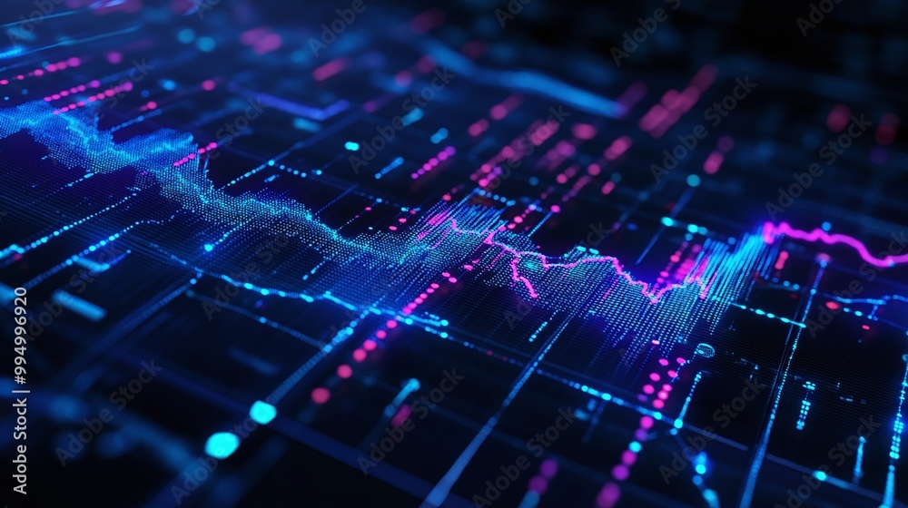 Poster abstract digital background with vibrant graph lines and glowing data points, ideal for tech and fin