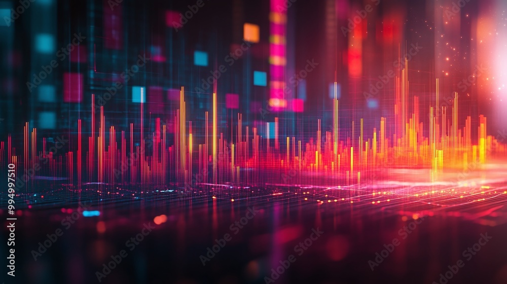 Aufkleber abstract digital data visualization in vibrant colors with wave patterns and grid elements.