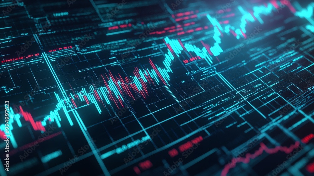 Poster abstract digital data visualization, showcasing colorful graphs and patterns against a dark backgrou