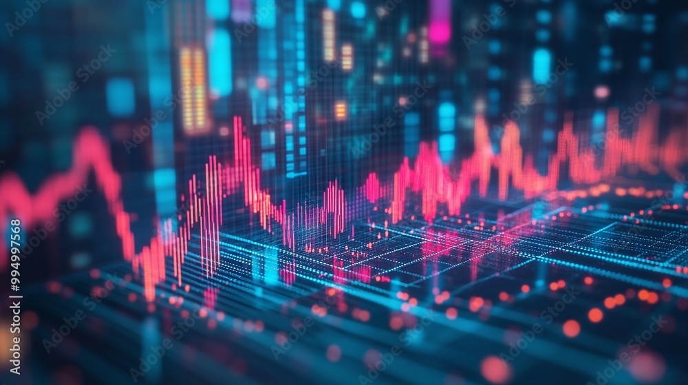 Poster abstract digital data visualization showcasing vibrant analytics with colorful graphs and charts.