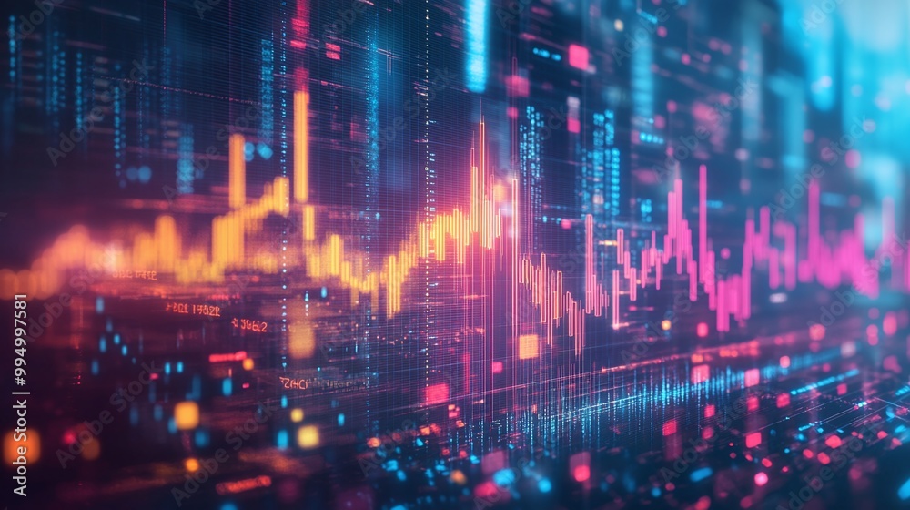 Poster abstract digital data visualization showing colorful graphs and statistics on a modern interface.
