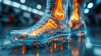 Transparent boot showcasing an illuminated skeletal structure.