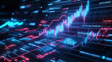 Abstract digital data visualization of stock market statistics and financial graphs on a dark background.