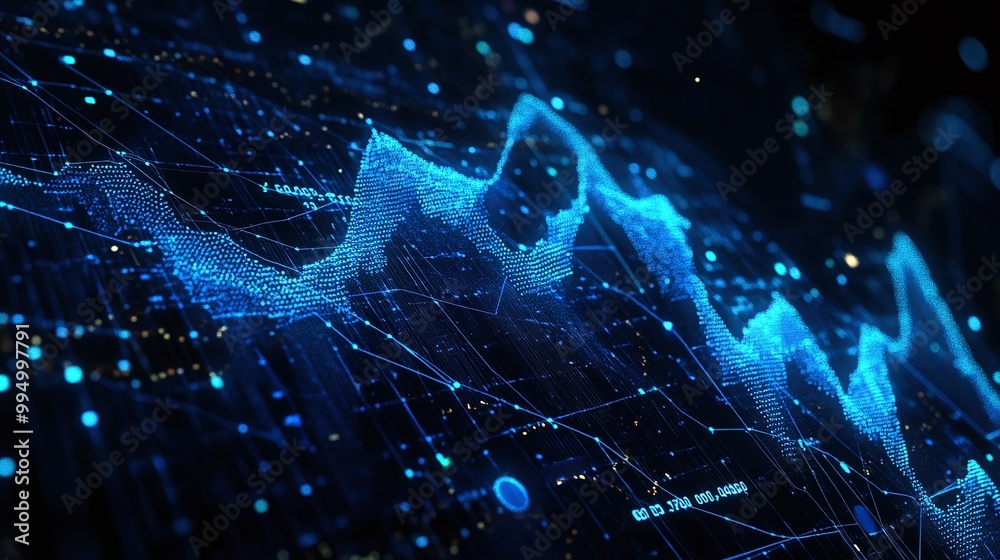 Poster abstract digital data visualization with blue wave patterns and glowing particles on a dark backgrou