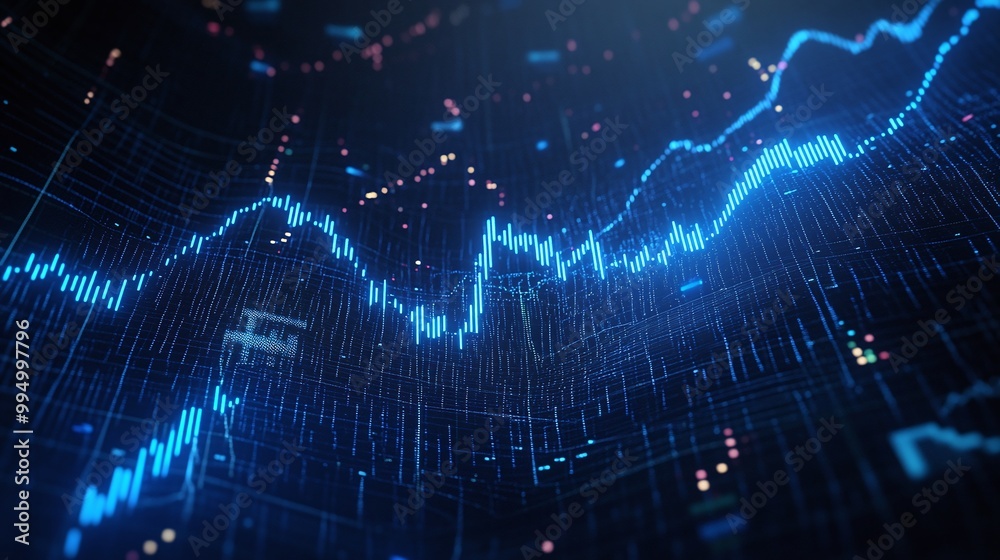Poster abstract digital data visualization with blue lines and graphs, representing technology and finance 
