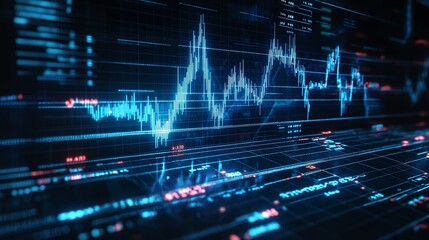 Abstract digital data visualization with blue lines and graphs representing data analysis and technology advancement.