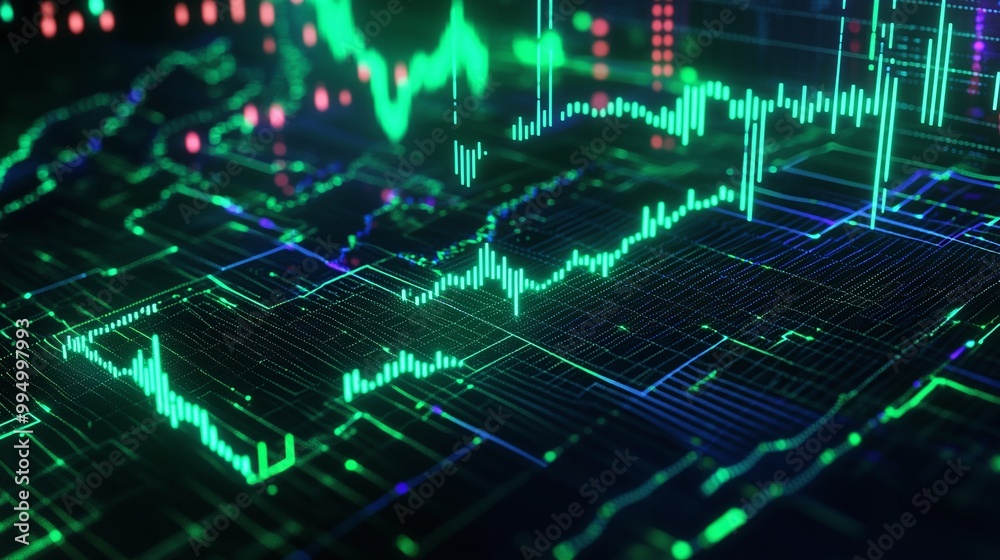 Poster abstract digital data visualization with colorful graphs and charts representing financial trends on