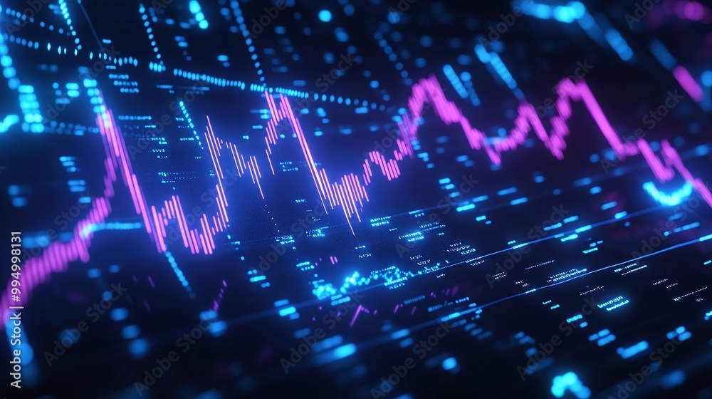 Poster abstract digital data visualization with colorful graphs and lines against a dark background.