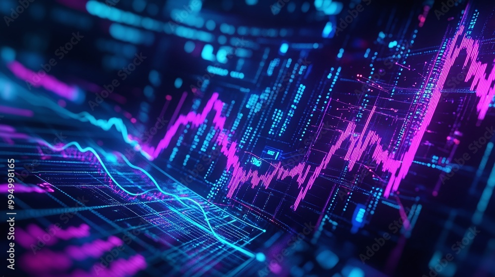 Poster abstract digital data visualization with colorful graphs and lines on a dark background.