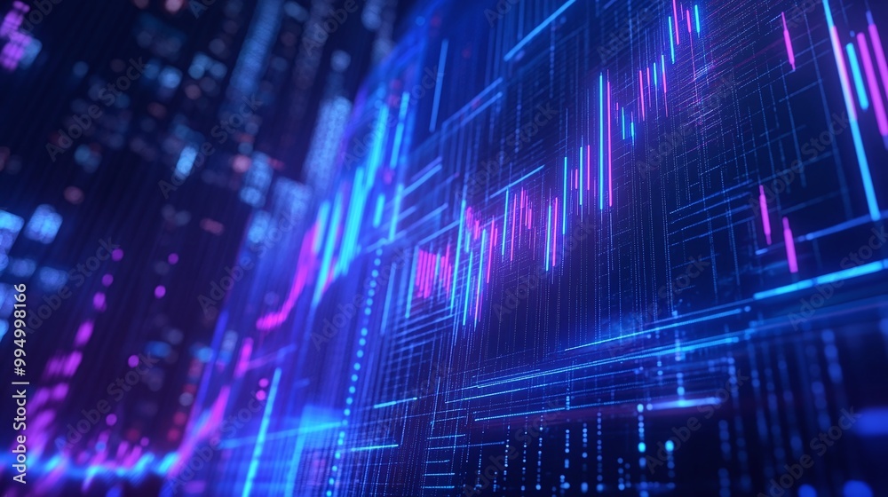 Poster abstract digital data visualization with colorful graphs and lines on a futuristic background.
