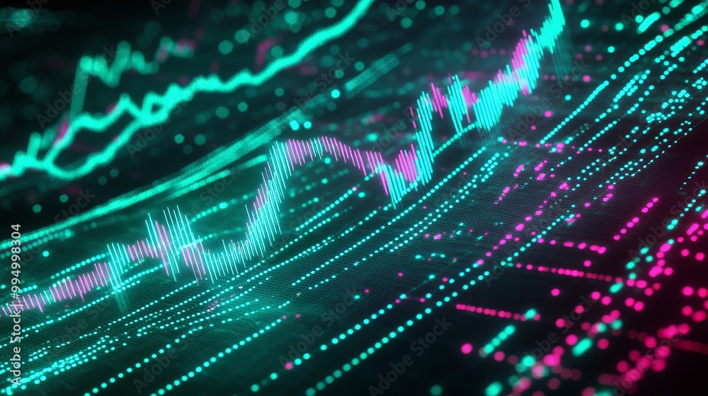 Poster abstract digital data visualization with colorful graphs and lines representing financial trends.