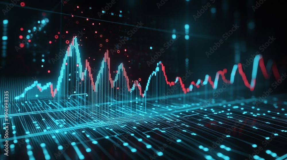 Poster abstract digital data visualization with colorful graphs and lines representing statistics and trend