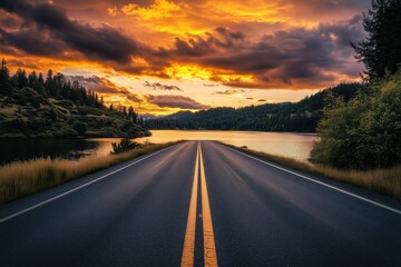 Lake and road at sunset