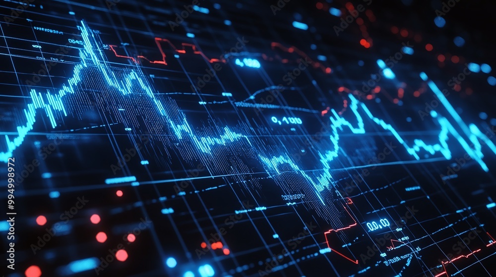 Poster abstract digital data visualization with fluctuating line graph in blue and red tones against a dark