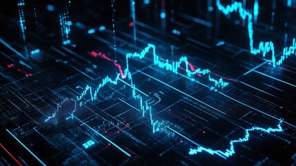 Abstract digital data visualization with glowing blue lines and graphs against a dark background.