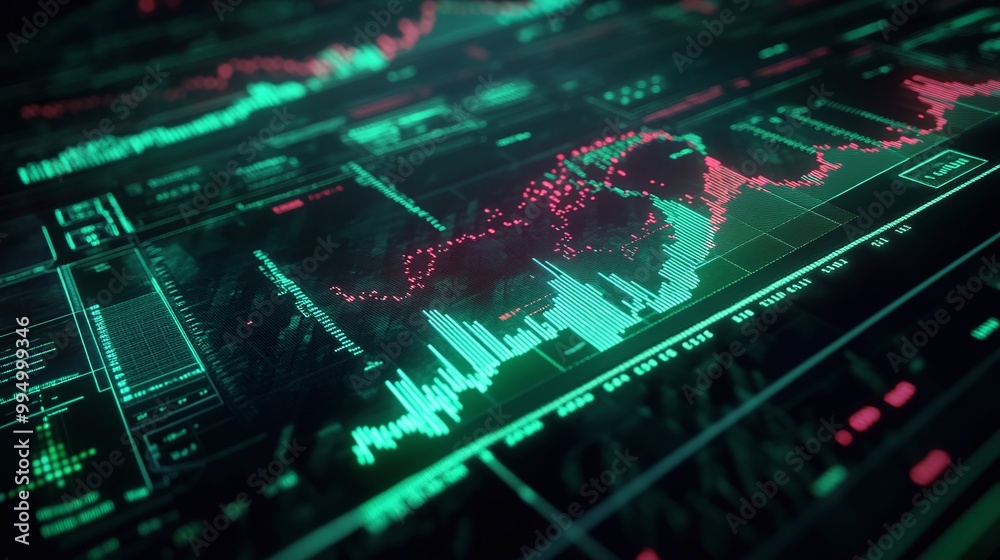 Poster abstract digital data visualization with glowing charts and graphs on a dark background.