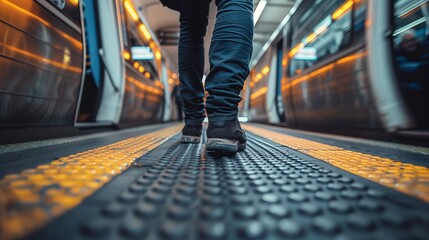Obraz premium Person Walking on Subway Platform with Train Arriving, Urban Commute Scene, Low Angle Close-Up Photograph