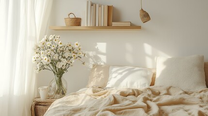 Cozy bedroom with flowers and natural light.