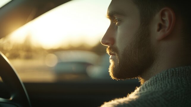 Sunlight enters the car, illuminating the man's face as he focuses on the road ahead during a peaceful evening drive