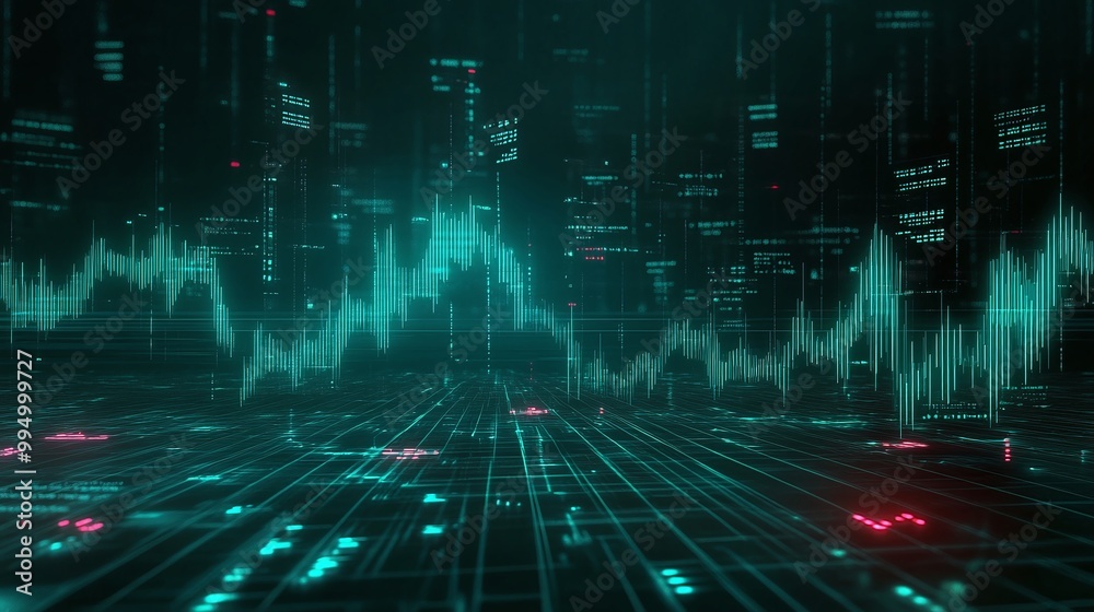 Poster abstract digital data visualization with glowing graphs and waveforms against a dark background.