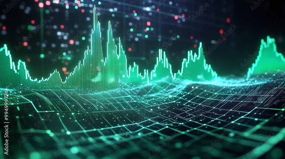 Poster abstract digital data visualization with glowing green graphs and charts, representing information a