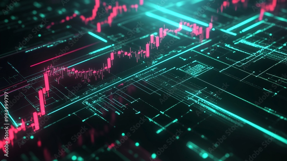 Aufkleber abstract digital data visualization with glowing lines and chart patterns in neon colors.