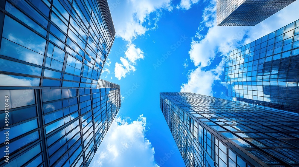 Sticker A stunning view looking up at skyscrapers with reflective glass facades against a bright blue sky dotted with clouds.