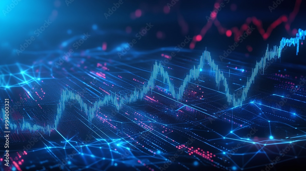 Poster abstract digital data visualization with glowing lines and graphs representing market trends and fin