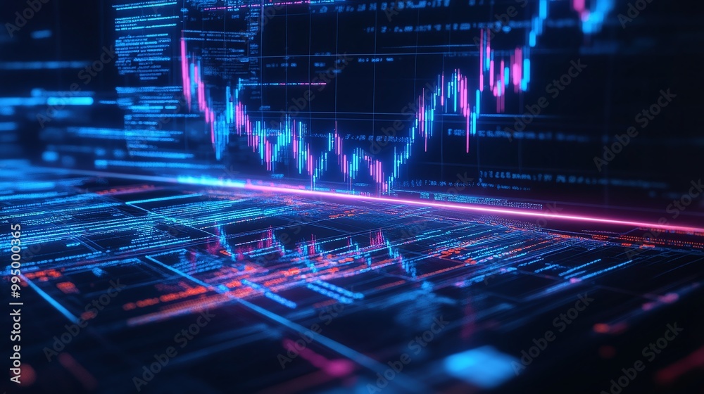 Poster abstract digital data visualization with glowing lines and graphs.