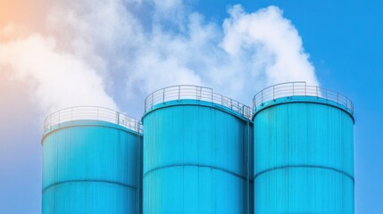Steam rises from industrial cooling towers against a bright blue sky, showcasing the energy production process in a facility