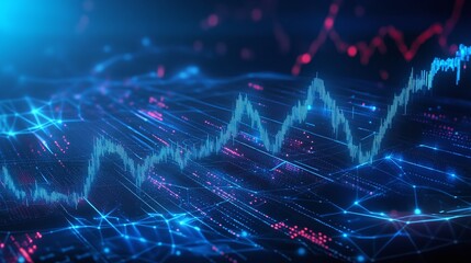 Abstract digital data visualization with glowing lines and graphs representing market trends and financial data analytics.
