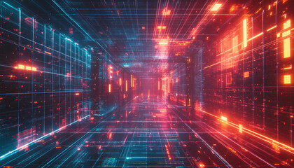 Fototapeta premium A retro-futuristic design with neon grids, VHS glitches, and pixelated elements, taking inspiration from 80s sci-fi movies and video games