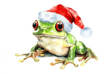 Fototapeta premium A cheerful green frog wearing a Santa hat, a charming watercolor illustration perfect for Christmas cards, decorations, and festive designs. This image symbolizes joy, holiday spirit, and the unique b
