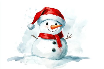 Fototapeta premium A cheerful snowman wearing a Santa hat and a red scarf, symbolizing winter, Christmas, joy, celebration, and good cheer.