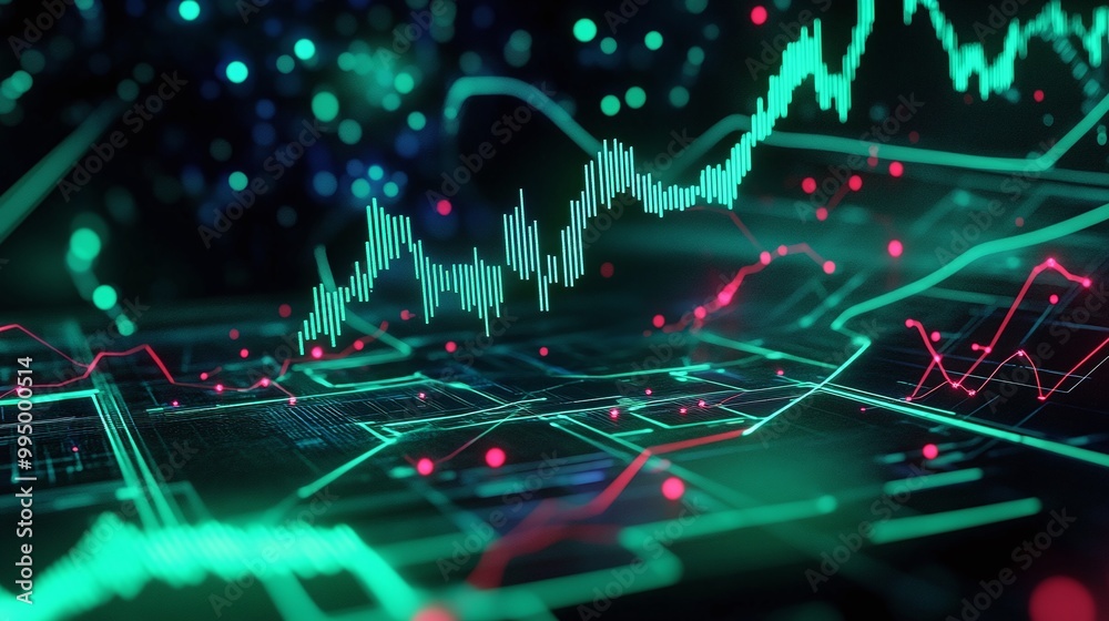 Poster abstract digital data visualization with graphs and charts on a dark background.