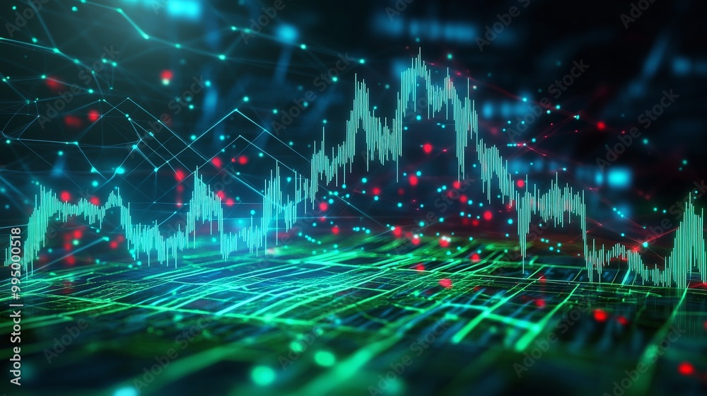 Poster abstract digital data visualization with graphs and statistics against a vibrant background.