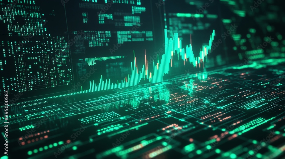 Poster abstract digital data visualization with green graph lines on a dark background.