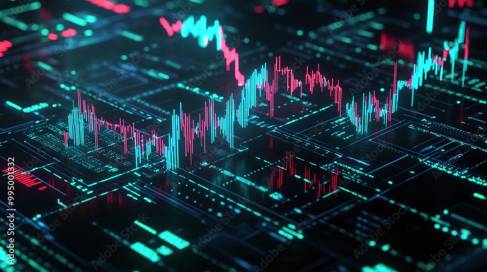 Poster abstract digital data visualization with vibrant color lines and graphs representing financial trend