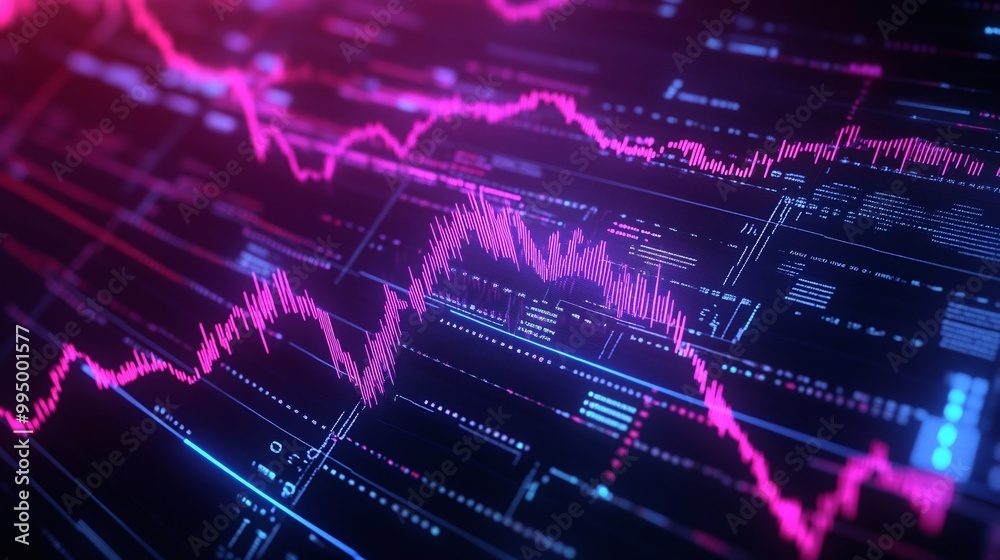 Aufkleber abstract digital data visualization with vibrant color patterns and graphs on dark background.