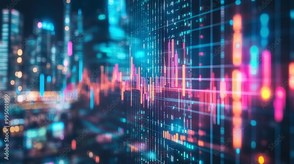Poster abstract digital data visualization with vibrant colors and dynamic patterns representing sound wave